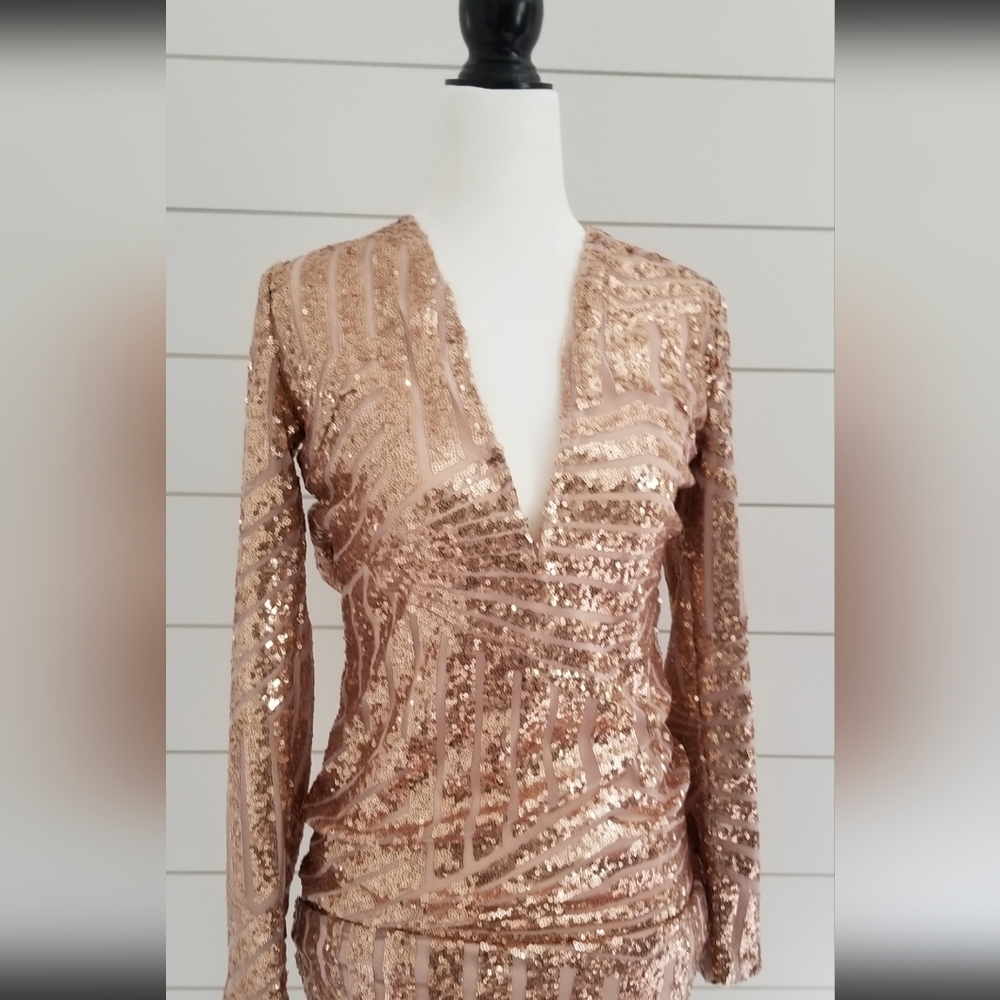 BANJUL Rose Gold Sequin Deep V Dress with Long Sleeves